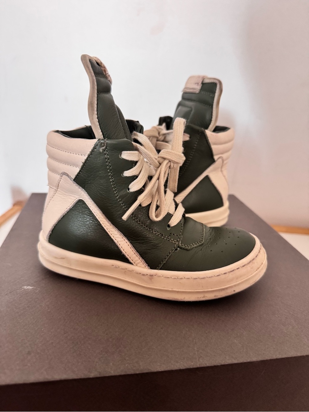 Rick Owens Kids High-Top Sneakers in Dark Green and Cream